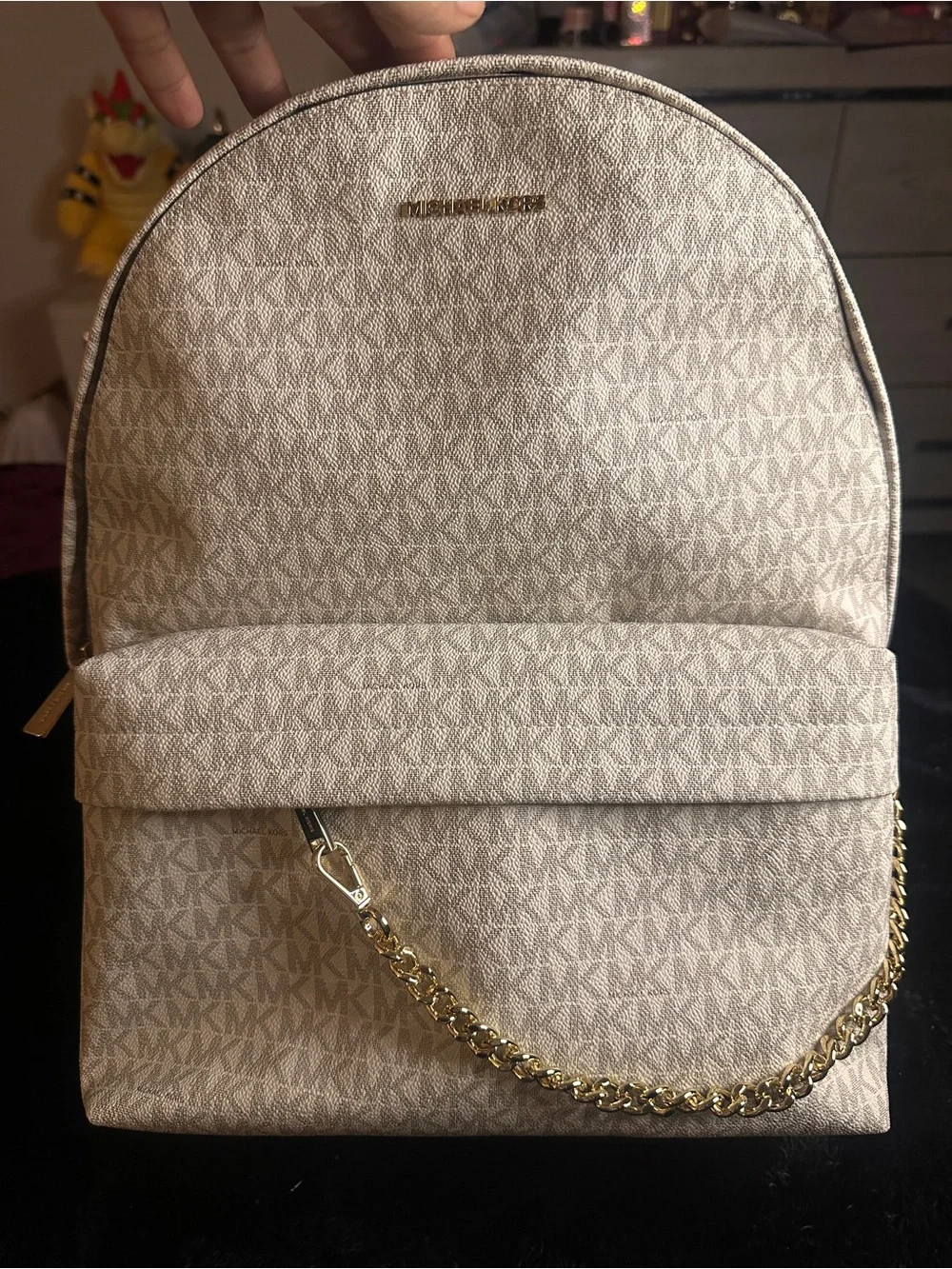 Michael Kors Beige MK Logo Mini Backpack with Gold Chain Accent